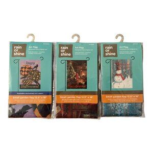 3 Holiday Garden Flags Happy Halloween Christmas Santa Build Snowman 12.5x18 NIP